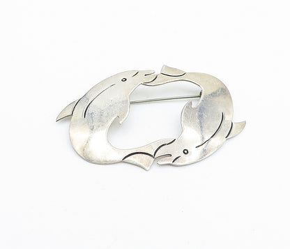 MEXICO 925 Sterling Silver  Vintage Double Dolphin Love Brooch Pin  BP2379