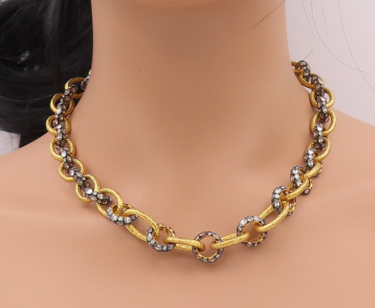 925 Sterling Silver Vintage Necklace Gold Plated Topaz Linked Rings  NE4326