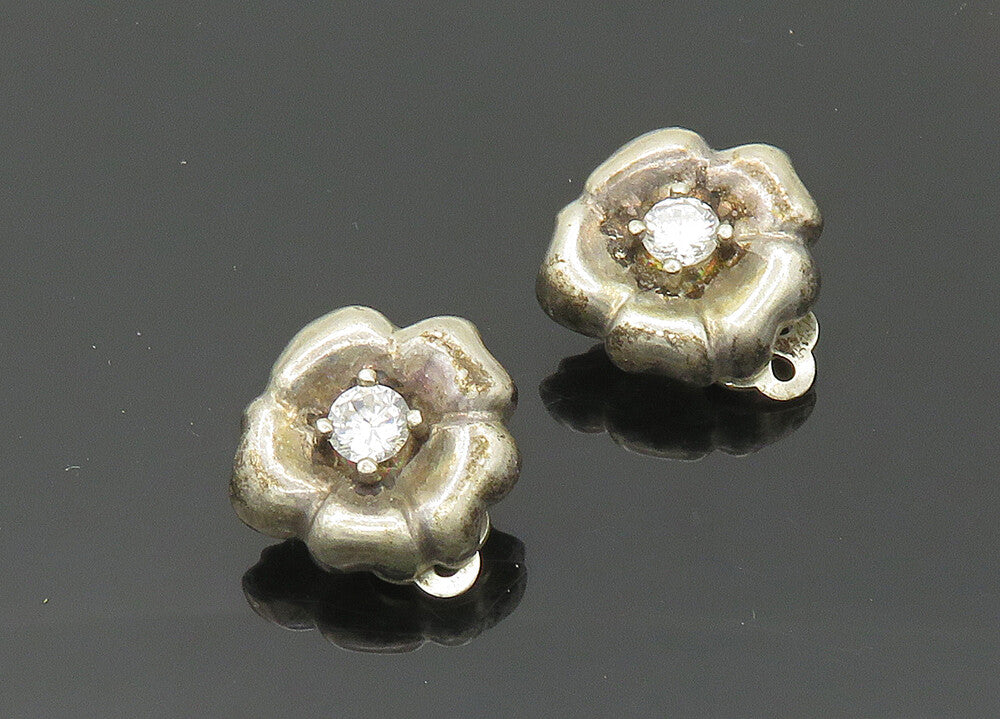 925 Sterling Silver  Vintage Cubic Zirconia Floral Non Pierce Earrings EG10356