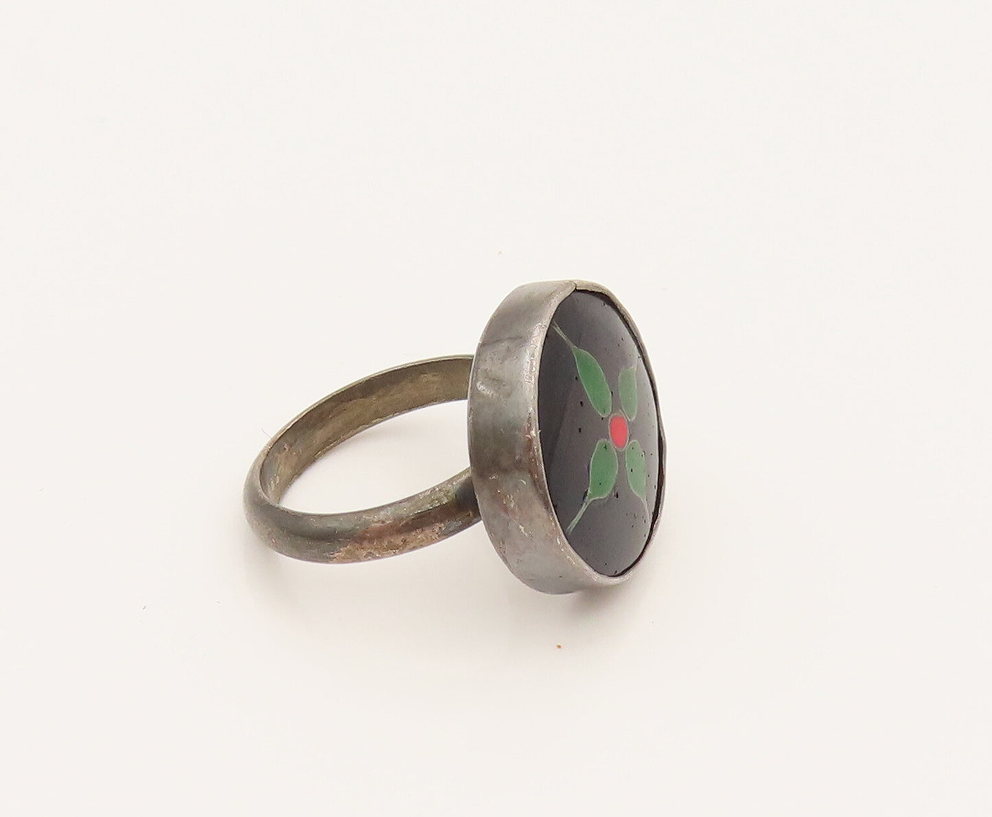 925 Sterling Silver  Vintage Floral Enamel Round Ring Sz 4.5  RG26267