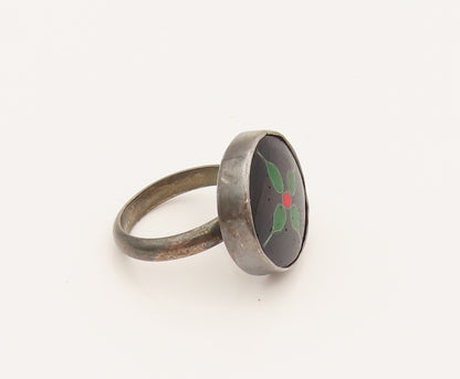 925 Sterling Silver  Vintage Floral Enamel Round Ring Sz 4.5  RG26267