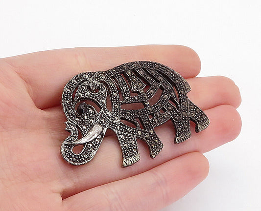 925 Sterling Silver  Vintage Marcasite & Black Onyx Elephant Brooch Pin BP1435