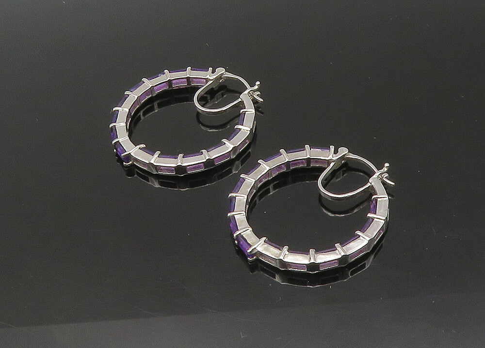 925 Sterling Silver  Vintage Prong Set Amethyst Shiny Hoop Earrings  EG10928