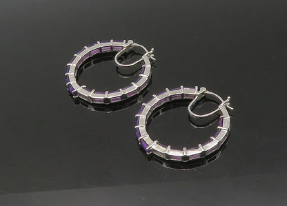 925 Sterling Silver  Vintage Prong Set Amethyst Shiny Hoop Earrings  EG10928