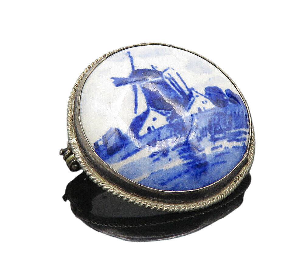 HOLLAND 925 Sterling Silver  Vintage Enamel Windmill Scene Brooch Pin  BP3495