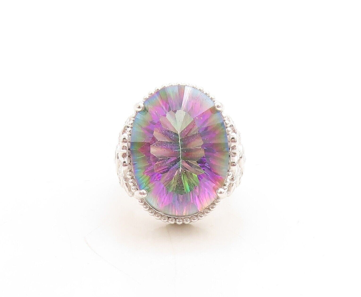 925 Sterling Silver Vintage Ring Floral Carved Oval Mystic Topaz Sz 7.5 RG30087