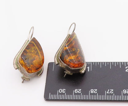 925 Sterling Silver Vintage Earrings POLAND Honey Amber Tear Drop Design EG13663