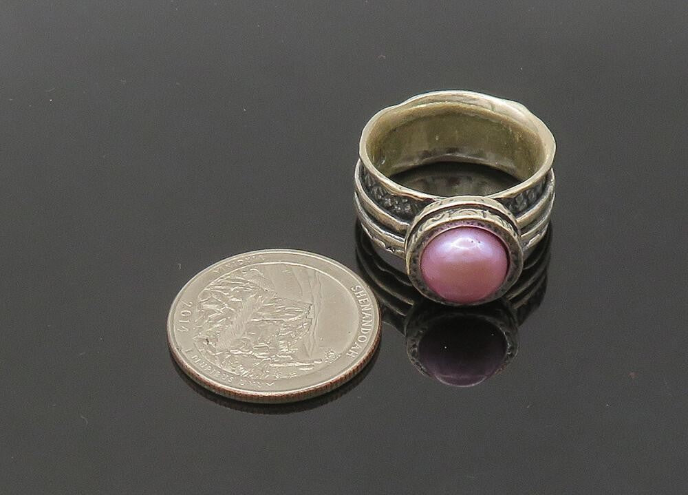 SHABLOOL ISRAEL 925 Silver  Vintage Pink Pearl Oxidized Band Ring Sz 9 RG21311
