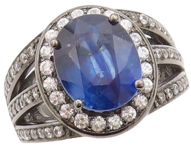 925 Sterling Silver Vintage Ring Split Band CZ Inlay & Sapphire  Sz 8  RG29617