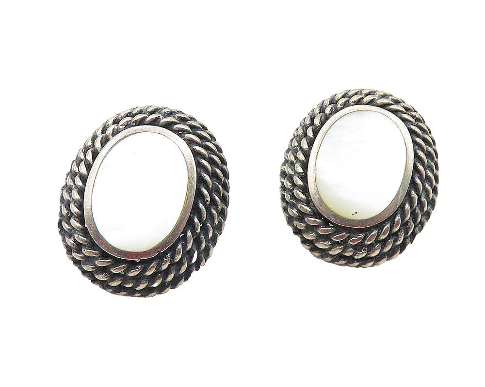 925 Sterling Silver  Vintage Mother Of Pearl Rope Twist Drop Earrings  EG5924