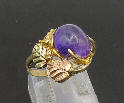 10K GOLD  Vintage Cabochon Cut Amethyst Floral Leaves Band Ring Sz 6.5  GR281