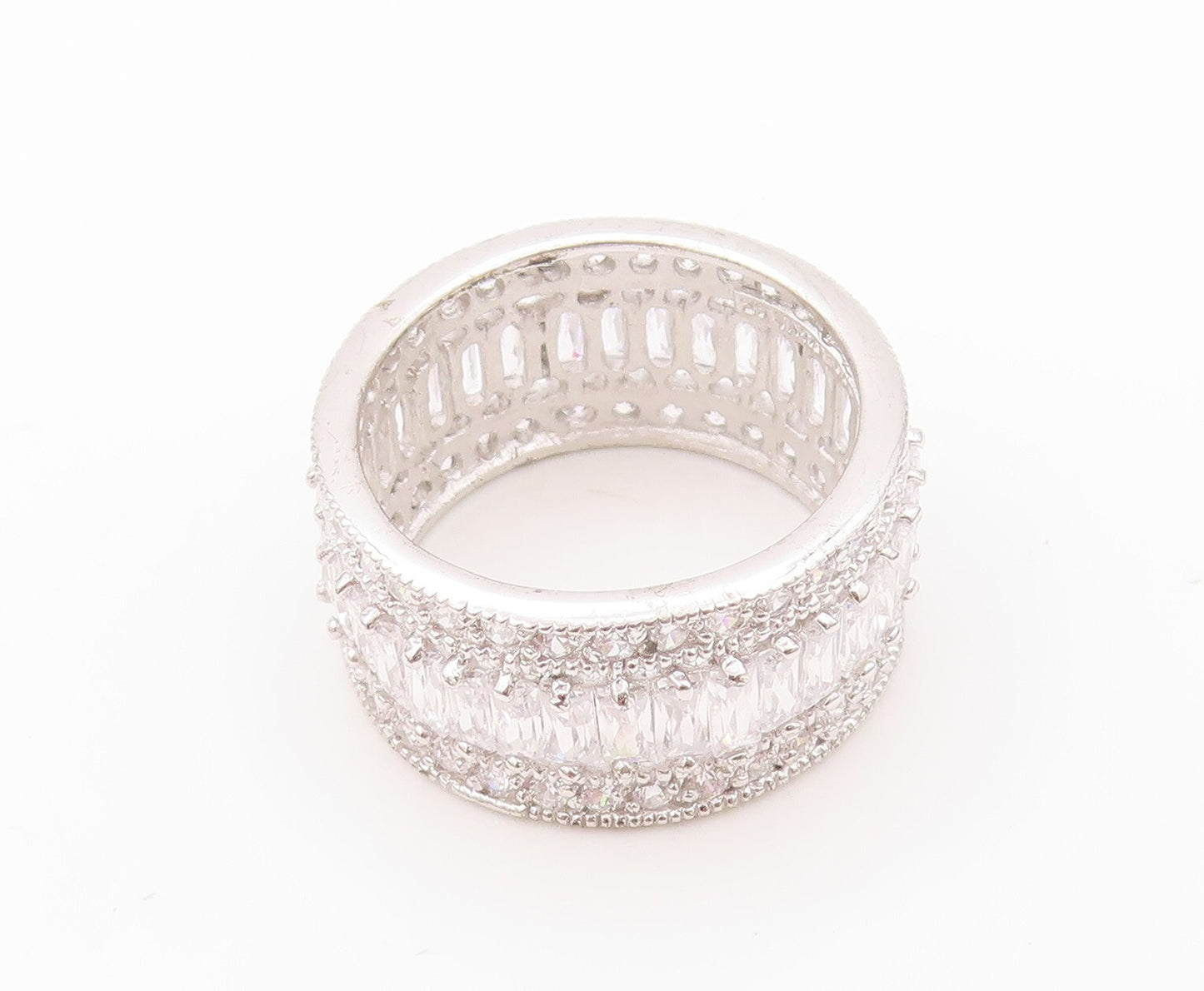 925 Sterling Silver Vintage Ring Designer Rectangle & Round CZ Band Sz 9 RG30217
