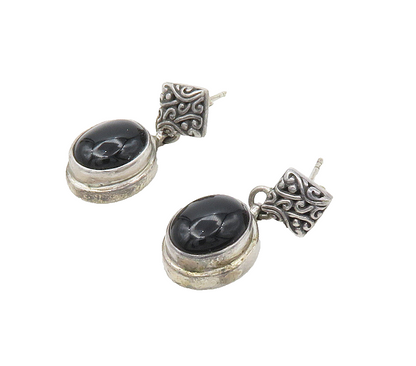 925 Sterling Silver  Vintage Cabochon Cut Black Onyx Drop Earrings  EG8564