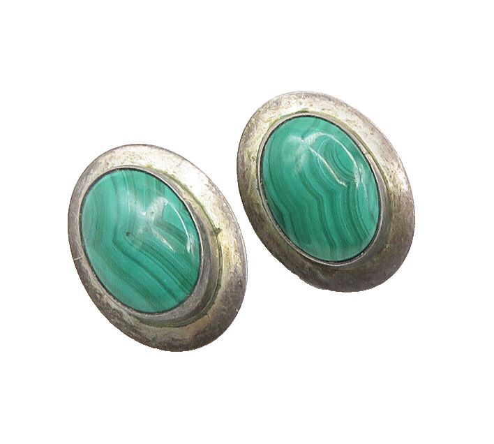 925 Sterling Silver  Vintage Cabochon Cut Malachite Oval Drop Earrings  EG9602