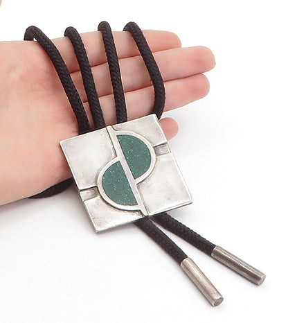 925 Sterling Silver  Vintage Inlaid Green Jasper Bolo Rope Necklace  NE1079