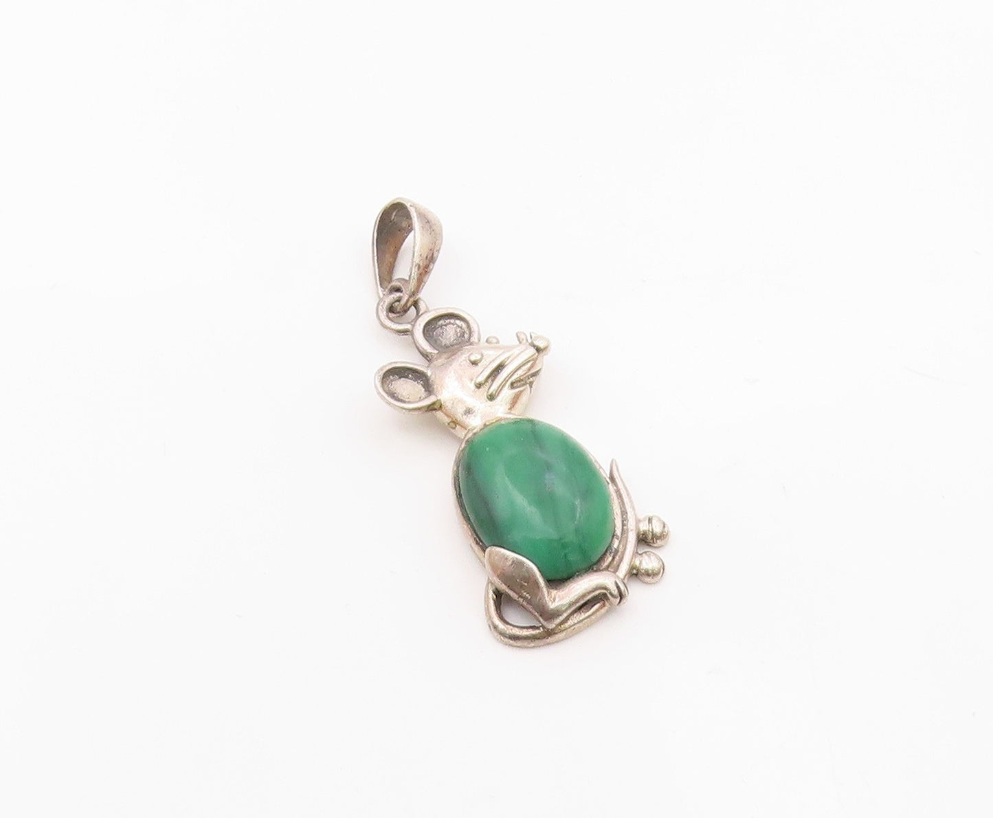 925 Sterling Silver  Vintage Cabochon Cut Malachite Mouse Pendant  PT10202