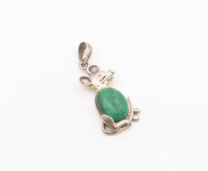 925 Sterling Silver  Vintage Cabochon Cut Malachite Mouse Pendant  PT10202