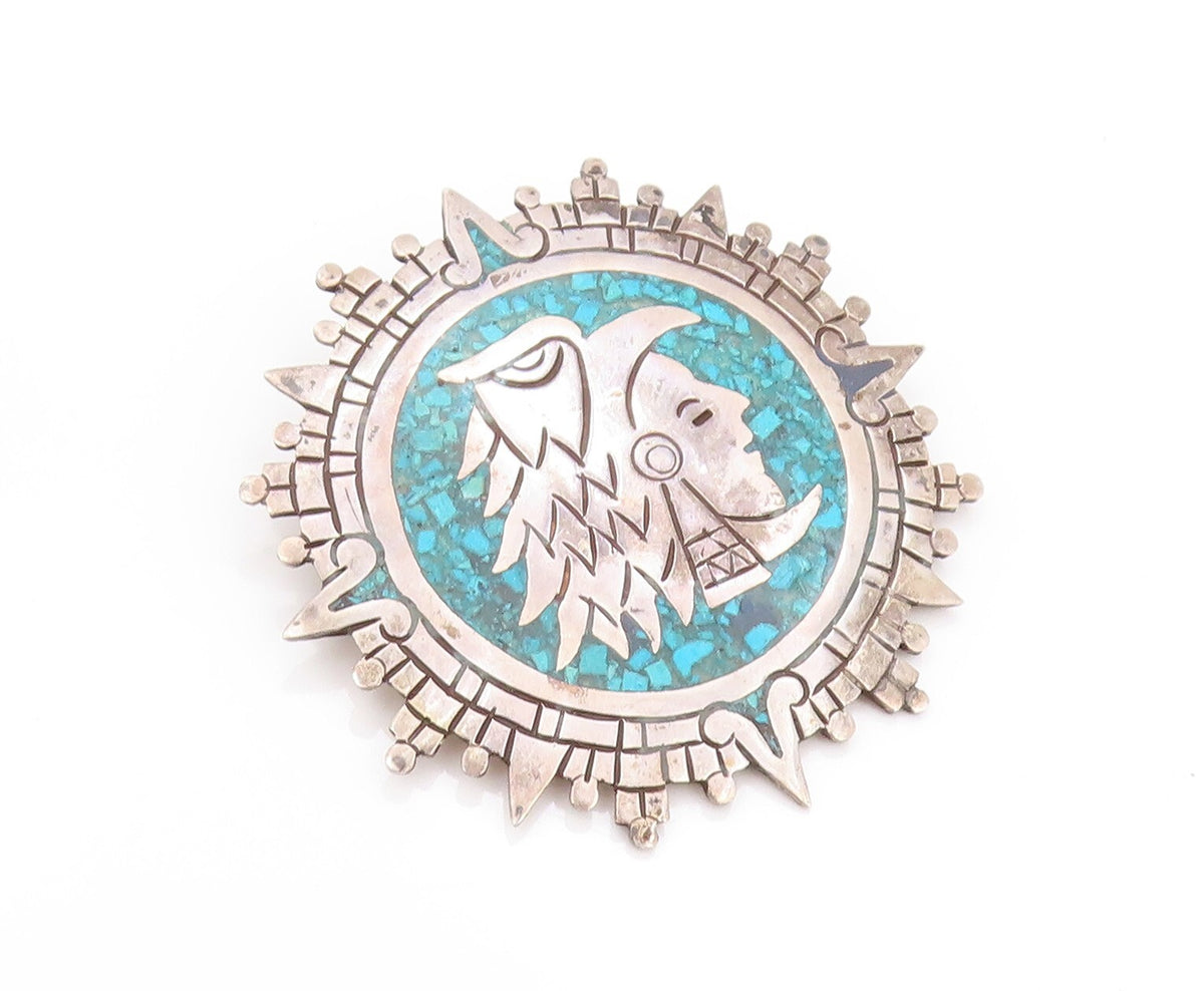 925 Sterling Silver Vintage Brooch MEXICO Crushed Turquoise Man Face  BP11540