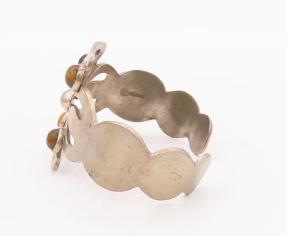 925 Sterling Silver Vintage Bracelet MEXICO Tiger's Eye Solid Floral Cut BT10184