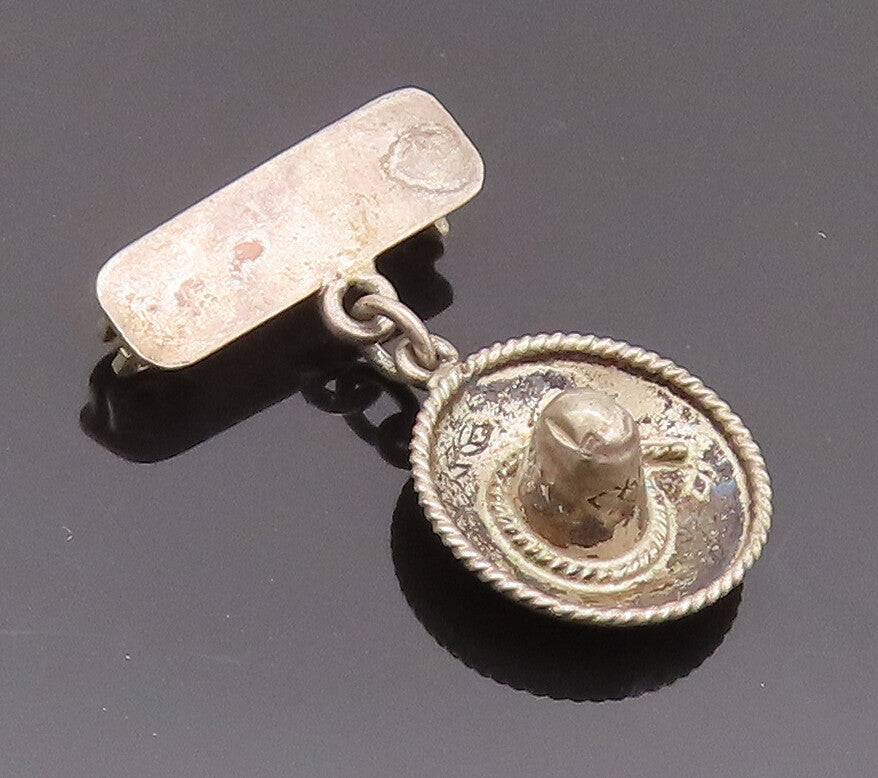 925 Sterling Silver Vintage Brooch Pin MEXICO Rope Carved Cowboy Hat  BP10695