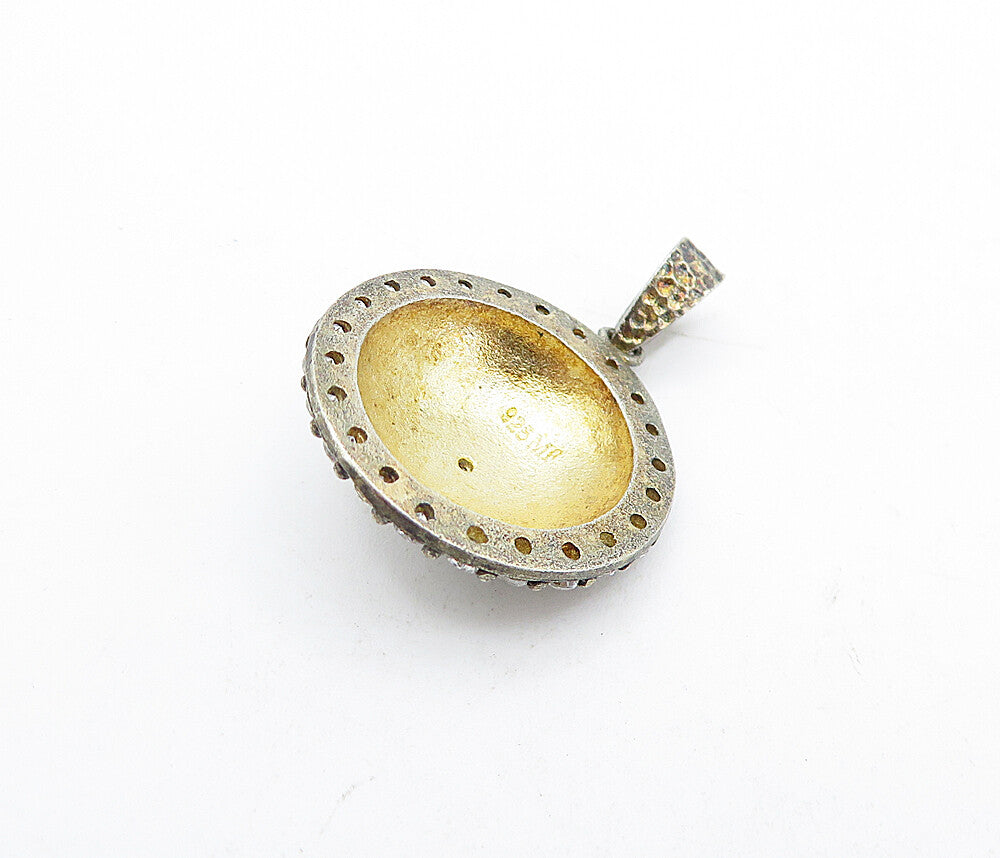 925 Sterling Silver  Vintage Cubic Zirconia Hammered Dome Drop Pendant  PT3556