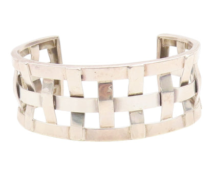 925 Sterling Silver Vintage Bracelet Modernist Basketweave Wide Cuff  BT11942