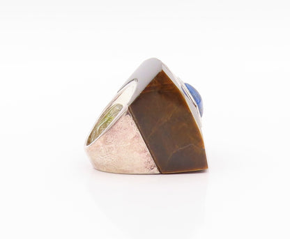 925 Sterling Silver Vintage Ring Tiger's Eye Square Lapis Lazuli  Sz 5  RG32622