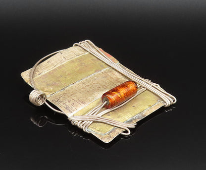 925 Sterling Silver  Vintage Wire Wrapped Modernist Amber Brooch Pin  BP9784