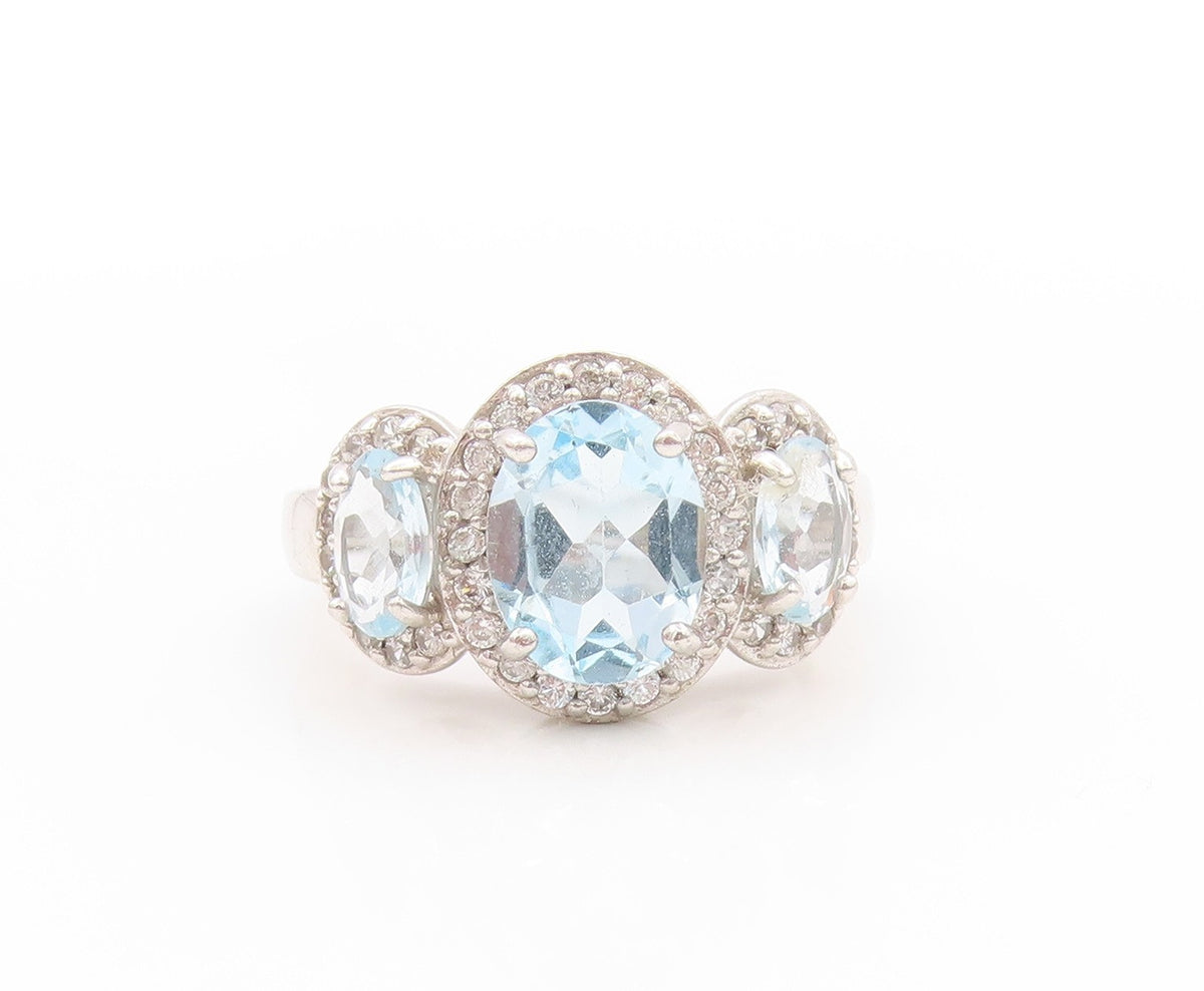925 Sterling Silver Vintage Ring Three Blue Halo White Topaz  Sz 6  RG32788