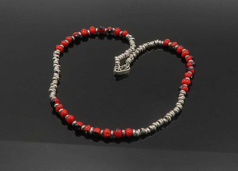 925 Sterling Silver  Vintage Red Enamel Beaded Pattern Chain Necklace  NE3652