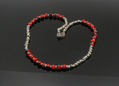 925 Sterling Silver  Vintage Red Enamel Beaded Pattern Chain Necklace  NE3652