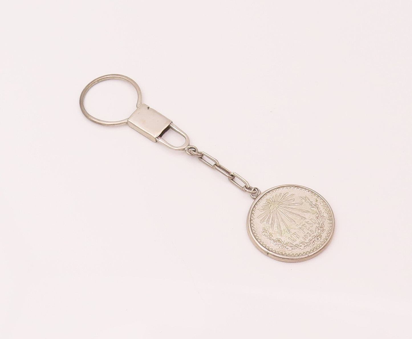925 Sterling Silver Vintage Antique One Mexican Dollar Snap Hook Keychain TR3491