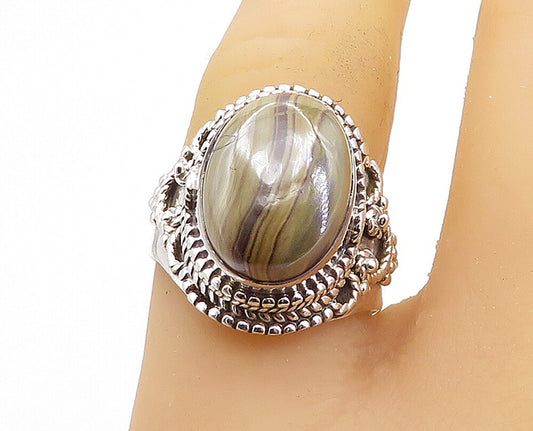 925 Sterling Silver  Cabochon Cut Agate Oval Cocktail Ring Sz 8.5  RG7751