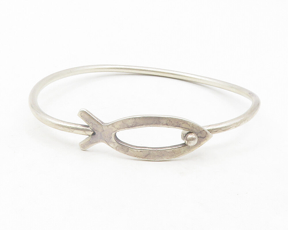 MEXICO 925 Sterling Silver  Vintage Open Fish Motif Bangle Bracelet  BT4768