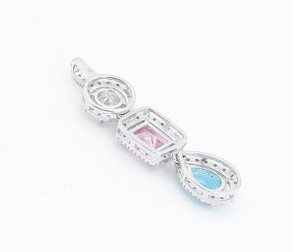 925 Sterling Silver  Shiny Cubic Zirconia & Topaz Linked Drop Pendant  PT6213