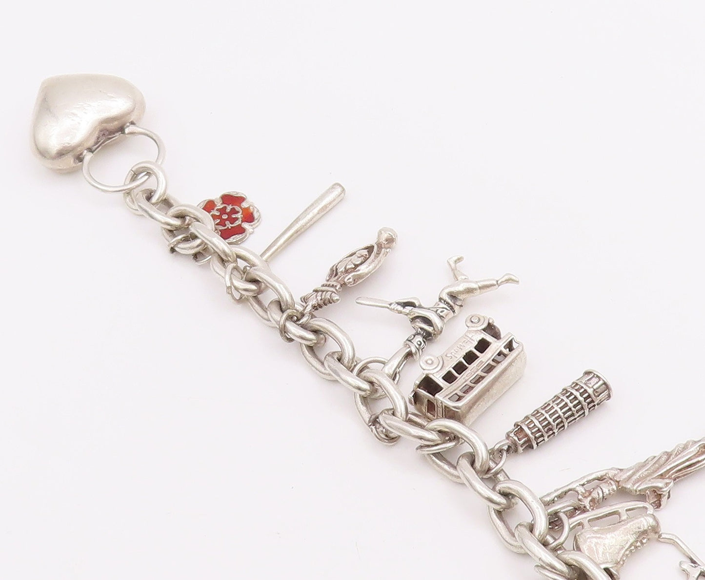925 Sterling Silver Vintage Bracelet Heavy Dangling Charm Large Heart  BT10605