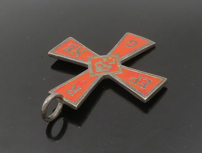 925 Sterling Silver  Vintage Orange Enamel Religious Cross Pendant  PT20031