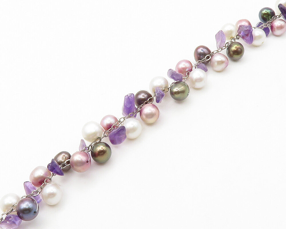 925 Sterling Silver  Vintage Pearls & Amethyst Beaded Chain Necklace  NE2338