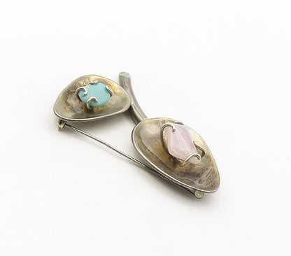 LOS CASTILO 925 Silver  Vintage Rose Quartz & Turquoise Brooch Pin  BP6461