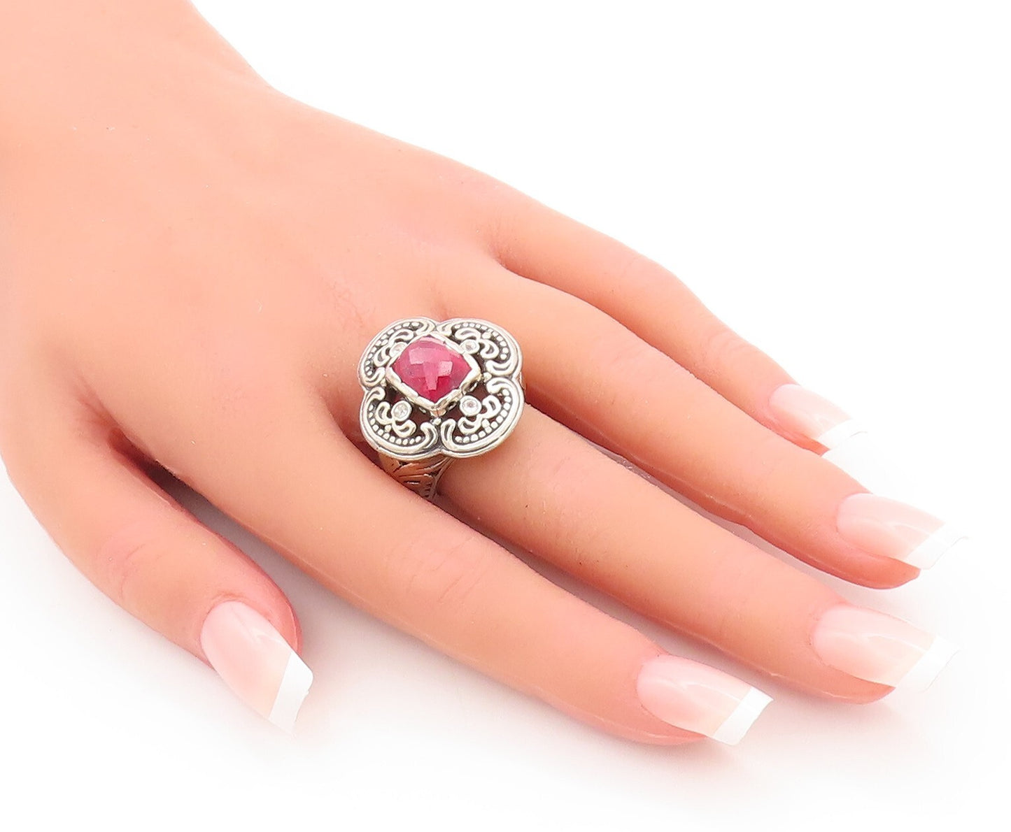 925 Sterling Silver Vintage Ring Swirly Carved Pink Gem & CZ Flower Sz 7 RG29175