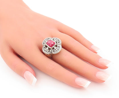 925 Sterling Silver Vintage Ring Swirly Carved Pink Gem & CZ Flower Sz 7 RG29175