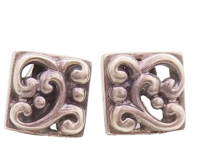 925 Sterling Silver Vintage Earrings Minimalist Swirly cutout Square  EG13133