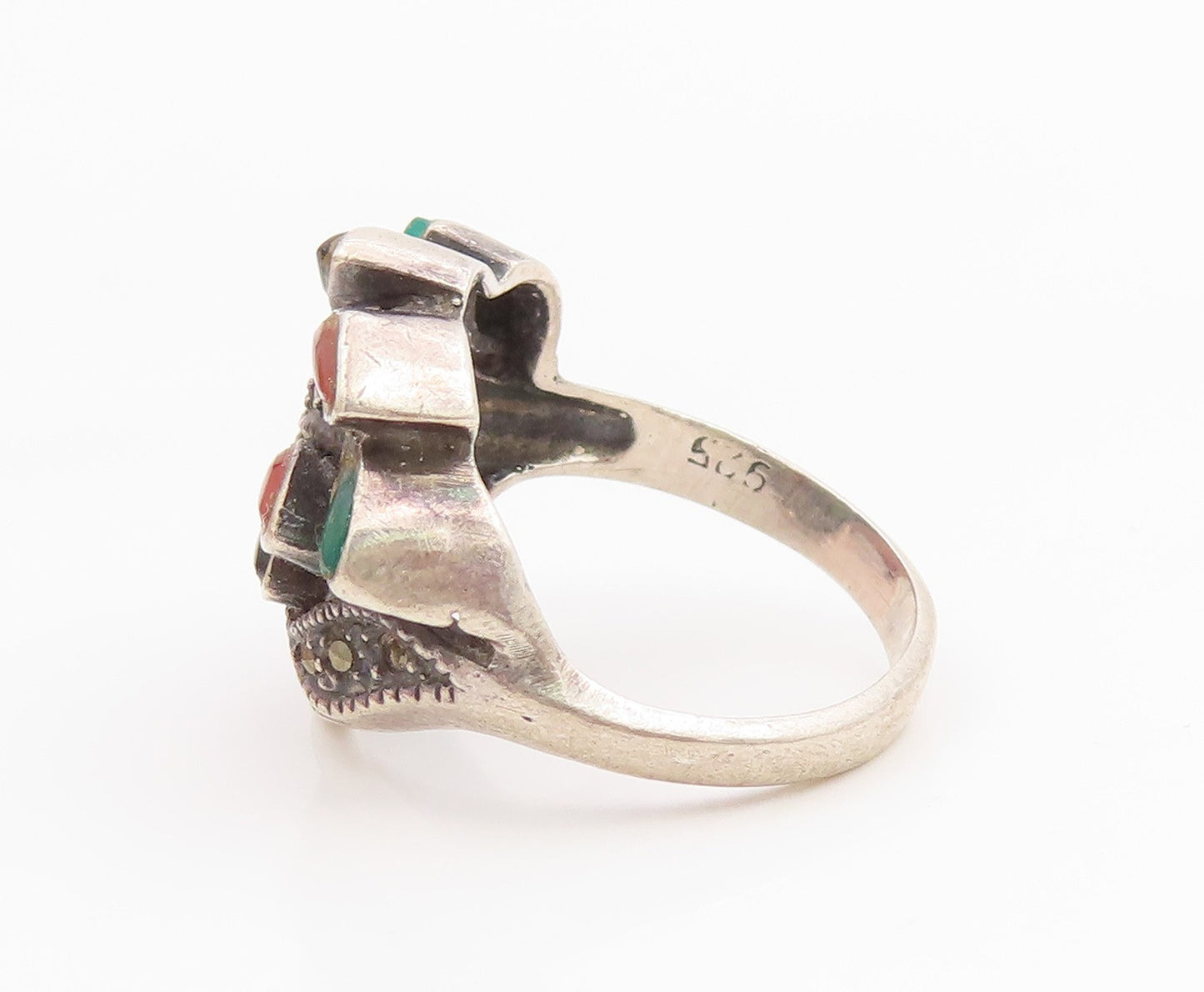 925 Sterling Silver Vintage Ring Multi Gemstone Leaf Bypass Band  Sz 7  RG35360