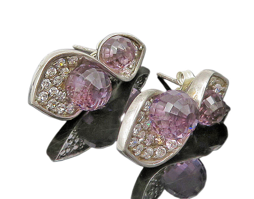 925 Sterling Silver  Vintage Faceted Amethyst & Topaz Twist Earrings  EG11633