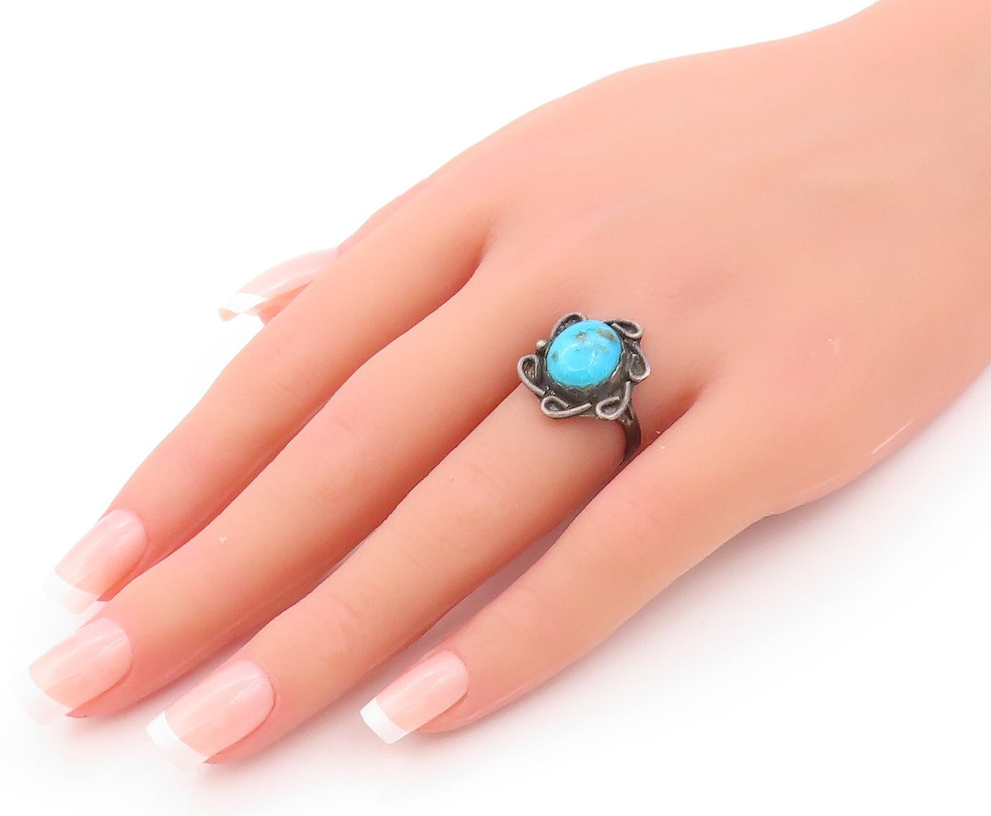 925 Sterling Silver Vintage Ring NAVAJO Oval Turquoise Flower  Sz 6  RG32544