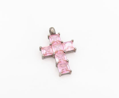 925 Sterling Silver Vintage Pendant Pink Topaz Religious Cross Charm  PT25688