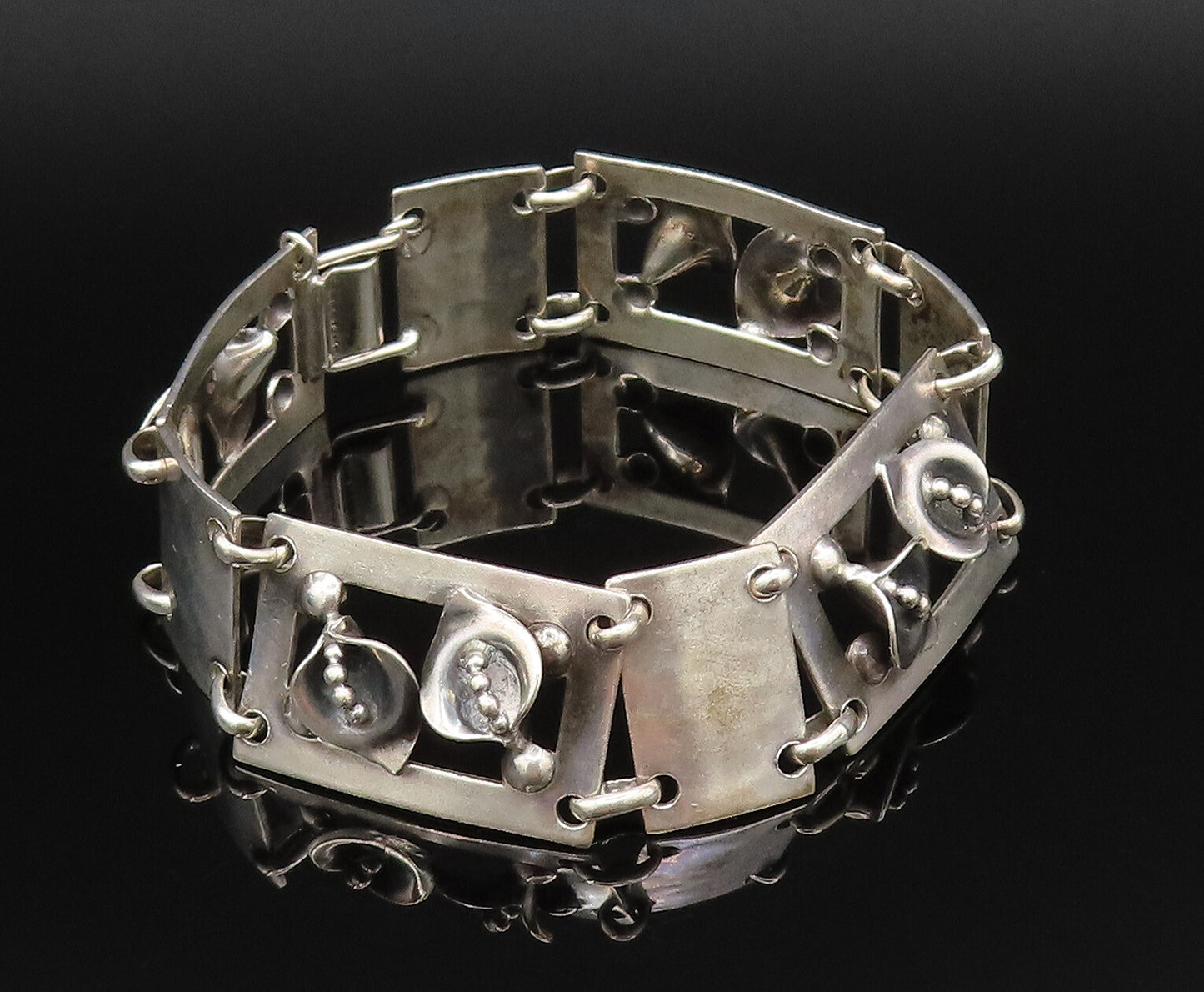 925 Sterling Silver Vintage 3D Flowers Hammered Rectangle Link Bracelet BT9593
