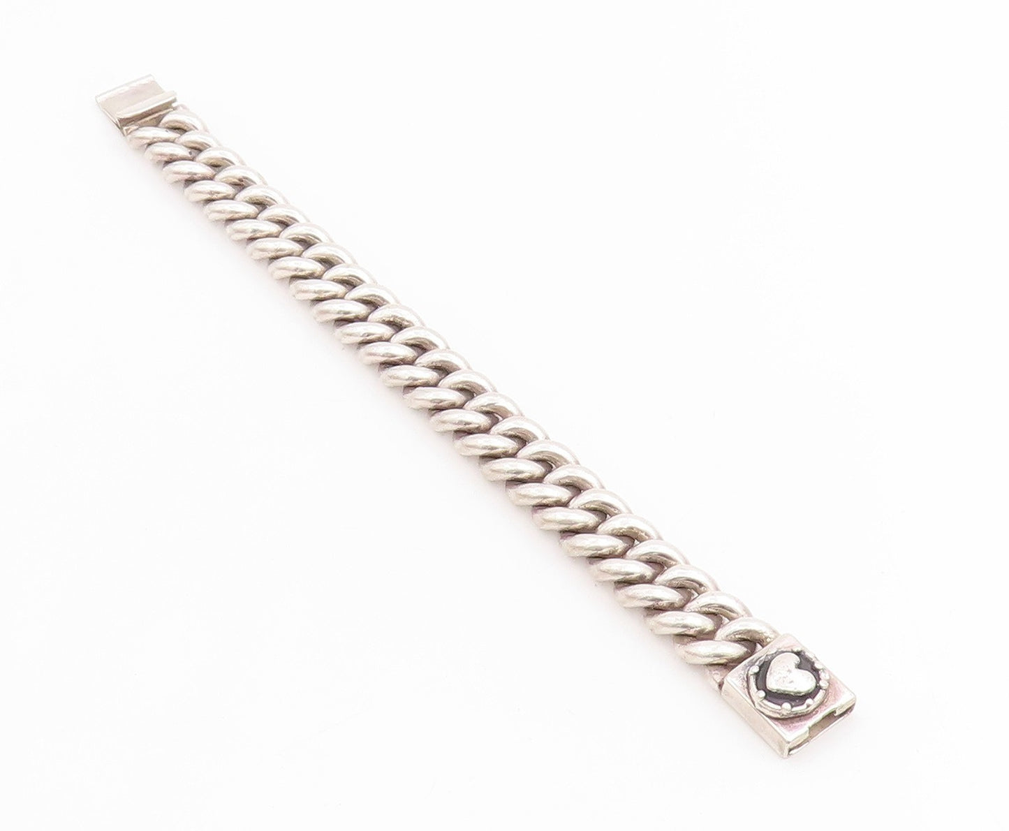925 Sterling Silver Vintage Bracelet Chunky Love Heart Clasp Curb Chain  BT11816