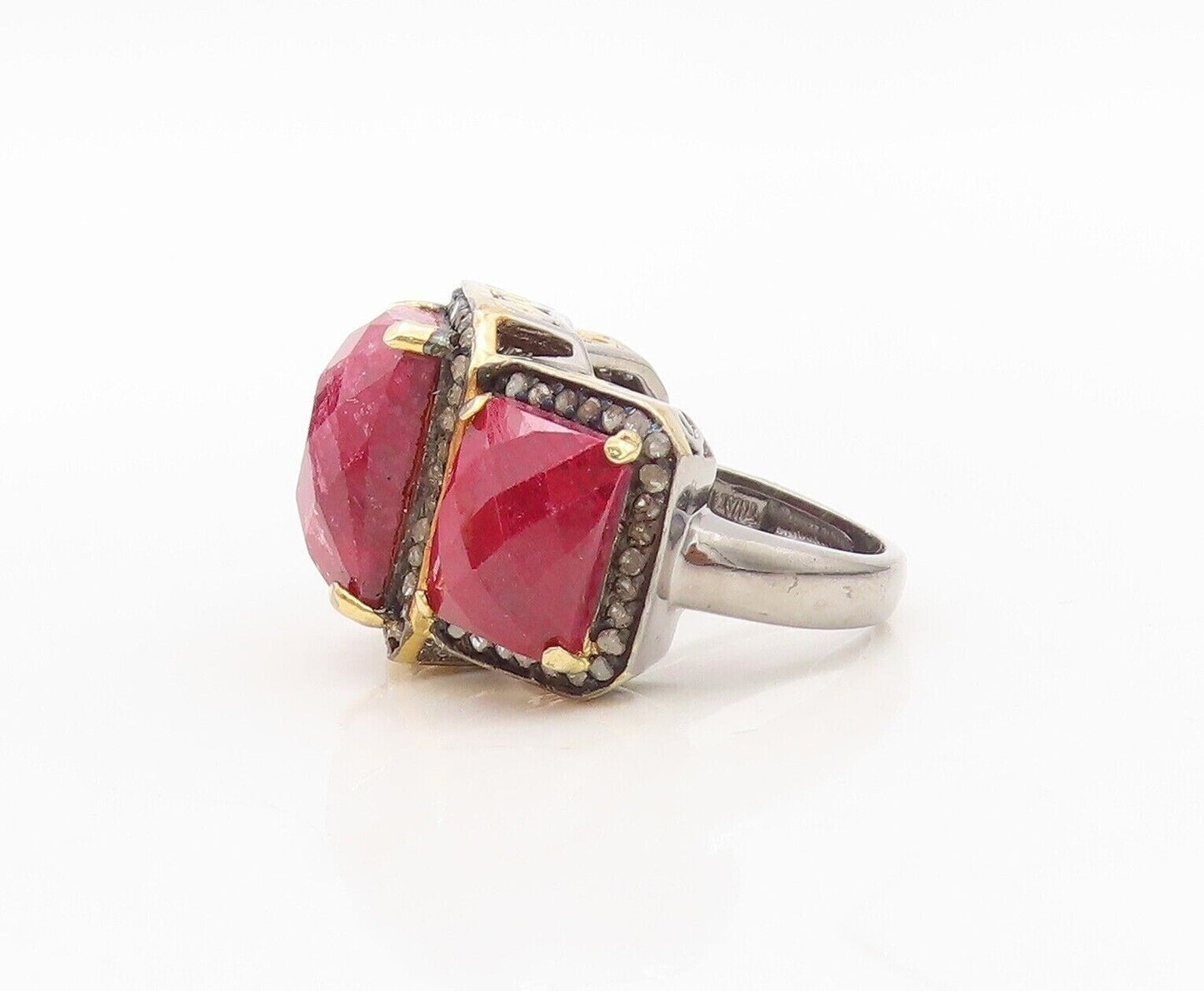 925 Sterling Silver Vintage Ring Diamonds Frame & Red Gemstones  Sz 5  RG30229