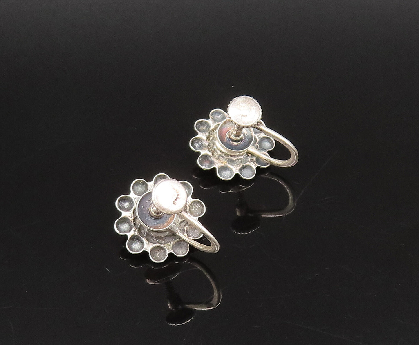 925 Silver  Vintage Green Turquoise Beaded Flower Screw Back Earrings  EG12277